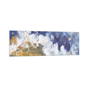 Obraz na szkle - Abstrakcja w odcieniach błękitu, bieli i złota - 160x50cm - Taniec żywiołów - Nowoczesna dekoracja ścienna do salonu i sypialni ARTTOR