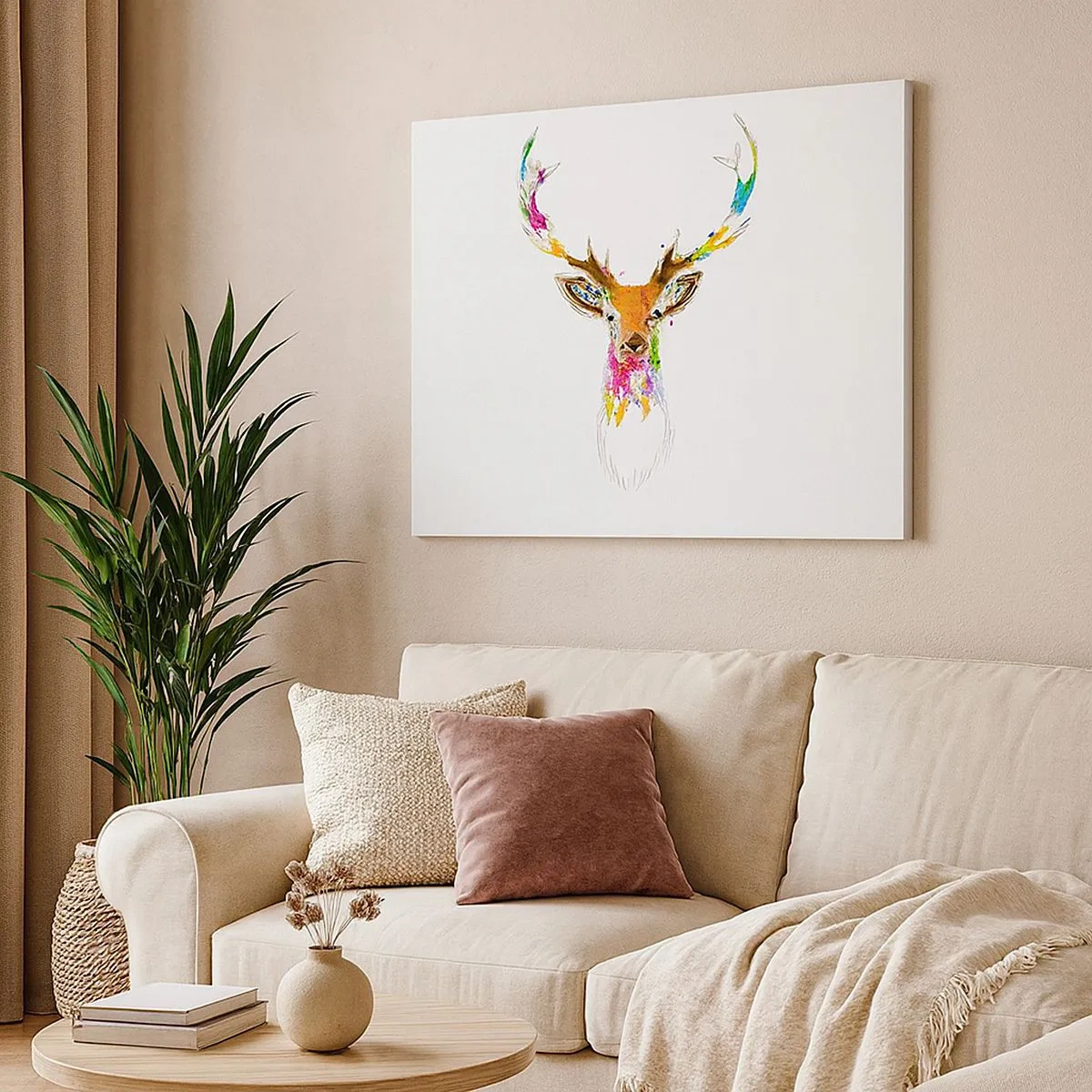 Obraz na płótnie - Kolorowa głowa jelenia w artystycznym stylu - 70x50cm - Łagodny jelonek skąpany w kolorze - Nowoczesna dekoracja ścienna do salonu i sypialni ARTTOR