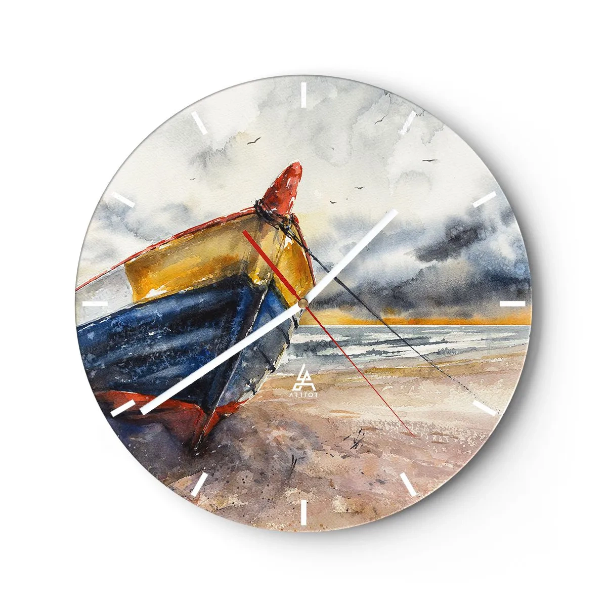 Zegar ścienny - Kolorowa łódź na piaszczystej plaży w malarskim stylu - 30x30cm - Odpoczynek na brzegu - Nowoczesna dekoracja ścienna do salonu, kuchni i sypialni ARTTOR