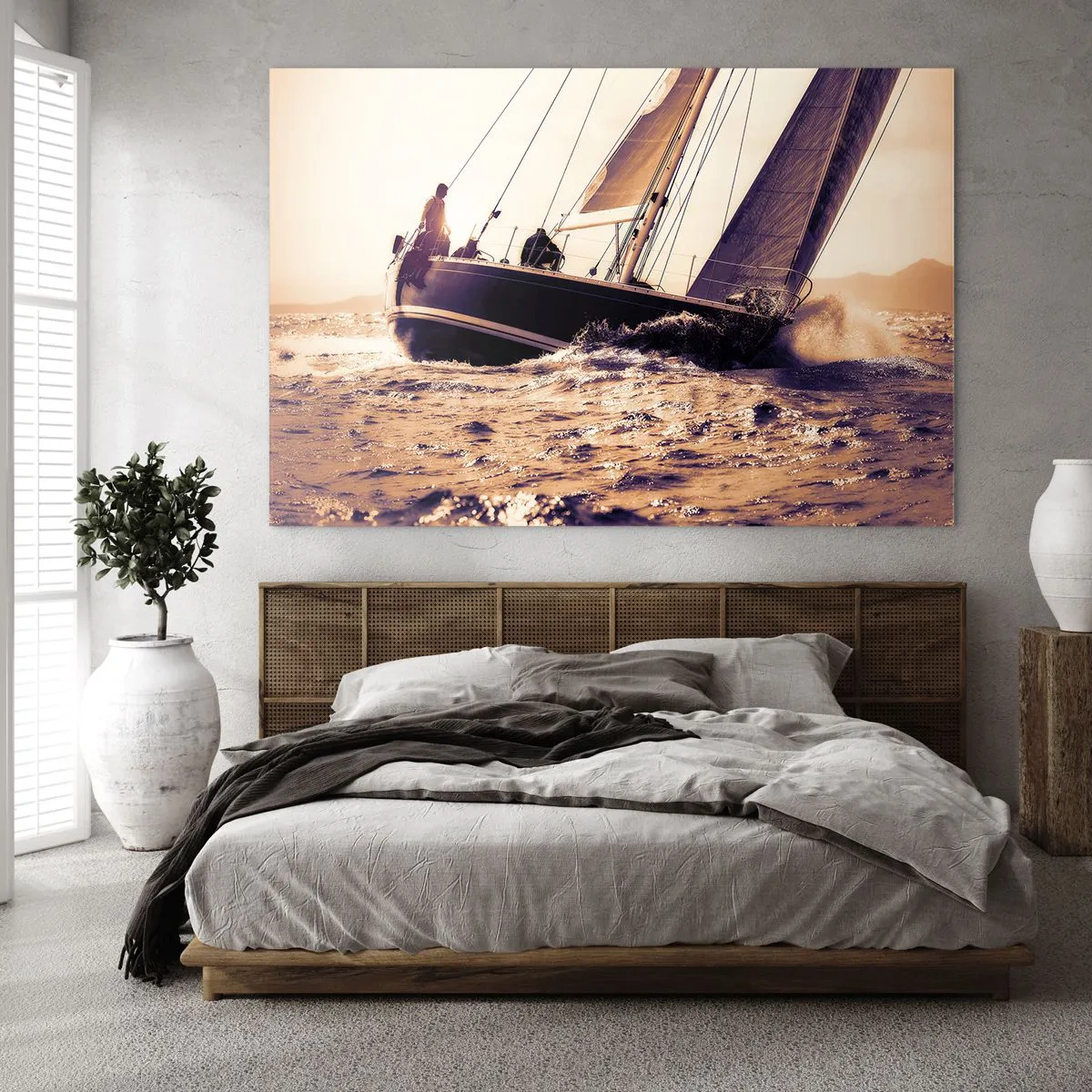 Obraz na szkle - Żaglówka na wzburzonym morzu w ciepłych odcieniach - 120x80cm - Żeglujże, żeglarzu - Nowoczesna dekoracja ścienna do salonu, kuchni i sypialni ARTTOR