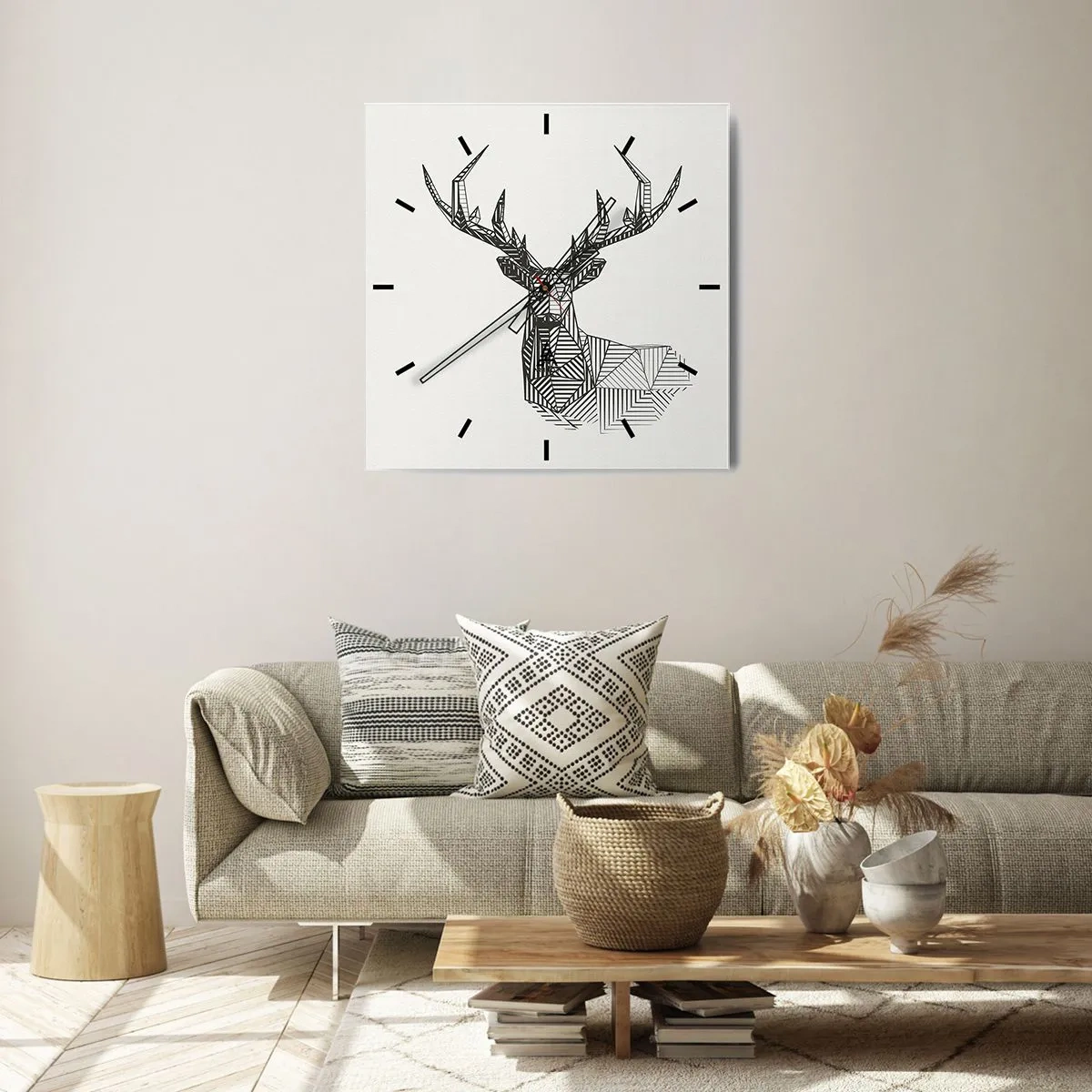Zegar ścienny - Geometryczny wizerunek jelenia w minimalistycznym czarno-białym stylu - 30x30cm - Jeleń w kubistycznym stylu - Nowoczesna dekoracja ścienna do salonu i sypialni ARTTOR