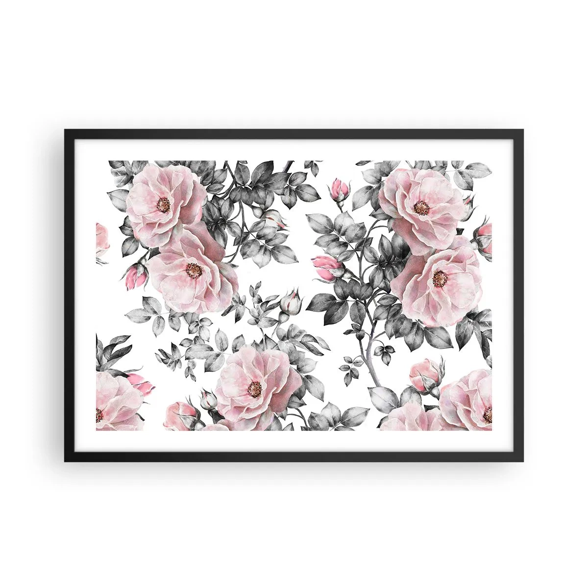 Plakat w czarnej ramie - Różowe róże i liście w delikatnym czarno-białym tle - 70x50cm - Zagubić się w kwiatach róż - Nowoczesna dekoracja ścienna do salonu i sypialni ARTTOR