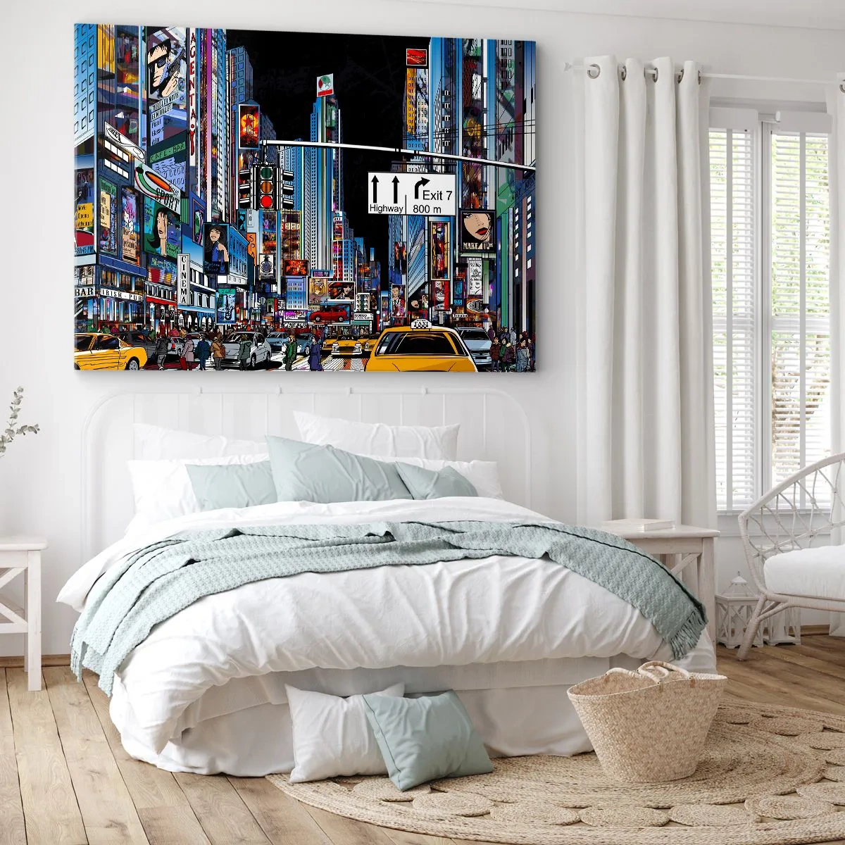 Obraz na płótnie - Tętniące życiem miasto z kolorowymi reklamami i żółtymi taksówkami - 120x80cm - Komiksowa wielka noc - Nowoczesna dekoracja ścienna do salonu, kuchni i sypialni ARTTOR