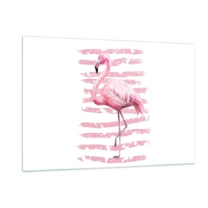 Obraz na szkle - Różowy flaming na tle artystycznych różowych pasów - 120x80cm - Z godnościa, choć na różowo - Nowoczesna dekoracja ścienna do salonu, kuchni i sypialni ARTTOR