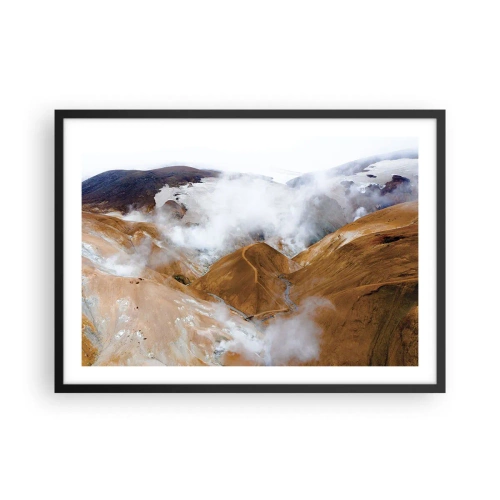 Plakat w czarnej ramie - Górski krajobraz z parą wodną w surowym klimacie - 70x50cm - Surowa uroda Islandii - Nowoczesna dekoracja ścienna do salonu i sypialni ARTTOR