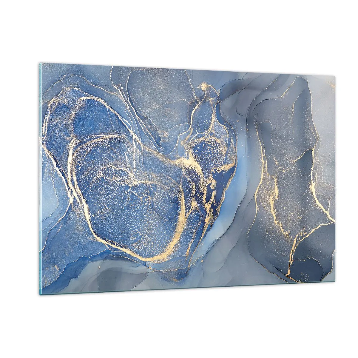 Obraz na szkle - Abstrakcyjna kompozycja w odcieniach granatu i złota - 120x80cm - Złoty pył - Nowoczesna dekoracja ścienna do salonu, kuchni i sypialni ARTTOR