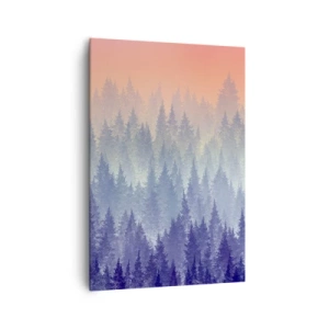 Obraz na płótnie - Mglisty las w odcieniach fioletu i pomarańczu - 70x100cm - Wysoko, wyżej, do nieba - Nowoczesna dekoracja ścienna do salonu i sypialni ARTTOR