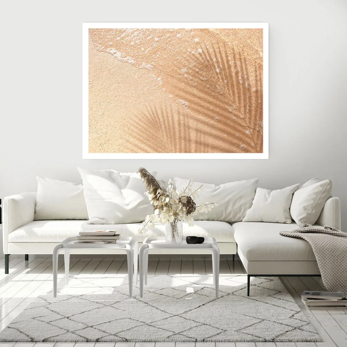 Plakat - Cień palmy na piasku z delikatnym wzorem fal - 100x70cm - Cień gorącego lata - Nowoczesna dekoracja ścienna do salonu i sypialni ARTTOR