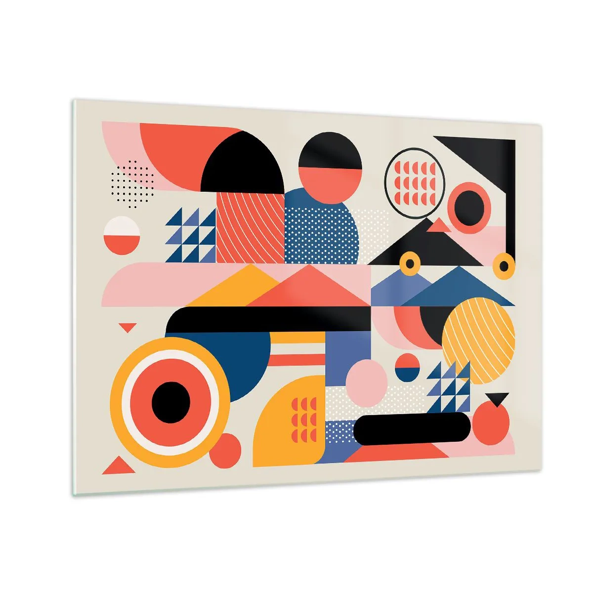 Obraz na szkle - Kolorowa abstrakcja geometryczna z kół i trójkątów - 70x50cm - Kompozycja: pobaw się - Nowoczesna dekoracja ścienna do salonu i sypialni ARTTOR