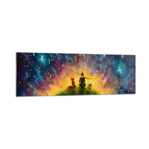Obraz na szkle - Postacie na zielonym wzgórzu otoczone gwiaździstym niebem - 160x50cm - Miłość i przyjaźń - cały świat - Nowoczesna dekoracja ścienna do salonu i sypialni ARTTOR