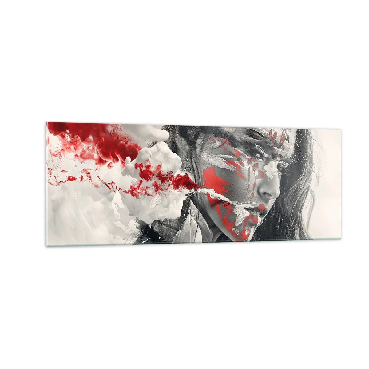 Obraz na szkle - Artystyczny portret kobiety z abstrakcyjnymi czerwonymi akcentami - 140x50cm - W oparach absurdu - Nowoczesna dekoracja ścienna do salonu i sypialni ARTTOR