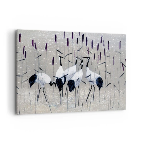 Obraz na płótnie - Czaple wśród traw na spokojnym tle - 100x70cm - Wśród swoich - Nowoczesna dekoracja ścienna do salonu, kuchni i sypialni ARTTOR