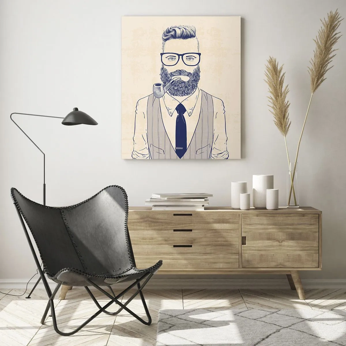 Obraz na szkle - Stylizowany mężczyzna z brodą, w okularach i z fajką, na jasnym tle - 50x70cm - Pogodny, męski i modny - Nowoczesna dekoracja ścienna do salonu, kuchni i sypialni ARTTOR