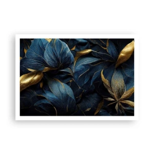 Plakat - Eleganckie liście w złotych i granatowych odcieniach - 100x70cm - Złotem podszyte - Nowoczesna dekoracja ścienna do salonu i sypialni ARTTOR