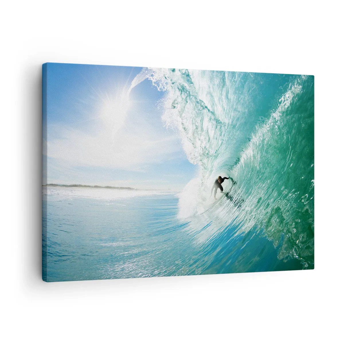 Obraz na płótnie - Surfer na fali w świetle słońca na tle błękitnego nieba - 70x50cm - Zawsze na fali - Nowoczesna dekoracja ścienna do salonu i sypialni ARTTOR
