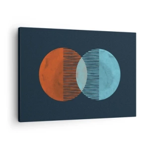 Obraz na płótnie - Dwa koła w kolorze pomarańczowym i niebieskim na ciemnym tle - 70x50cm - Astronomiczna fantazja - Nowoczesna dekoracja ścienna do salonu i sypialni ARTTOR