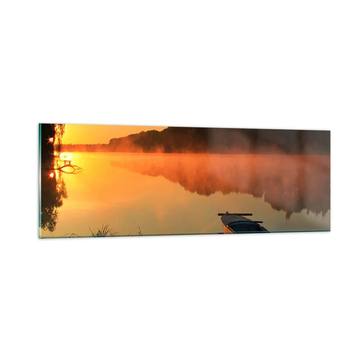 Obraz na szkle - Wschód słońca nad wodą jak tafla lustra - 90x30 cm