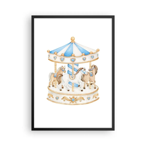 Plakat w czarnej ramie - Akwarelowa karuzela w pastelowych odcieniach niebieskiego i złota - 50x70cm - Słodkie dzieciństwo - Nowoczesna dekoracja ścienna do salonu i sypialni ARTTOR