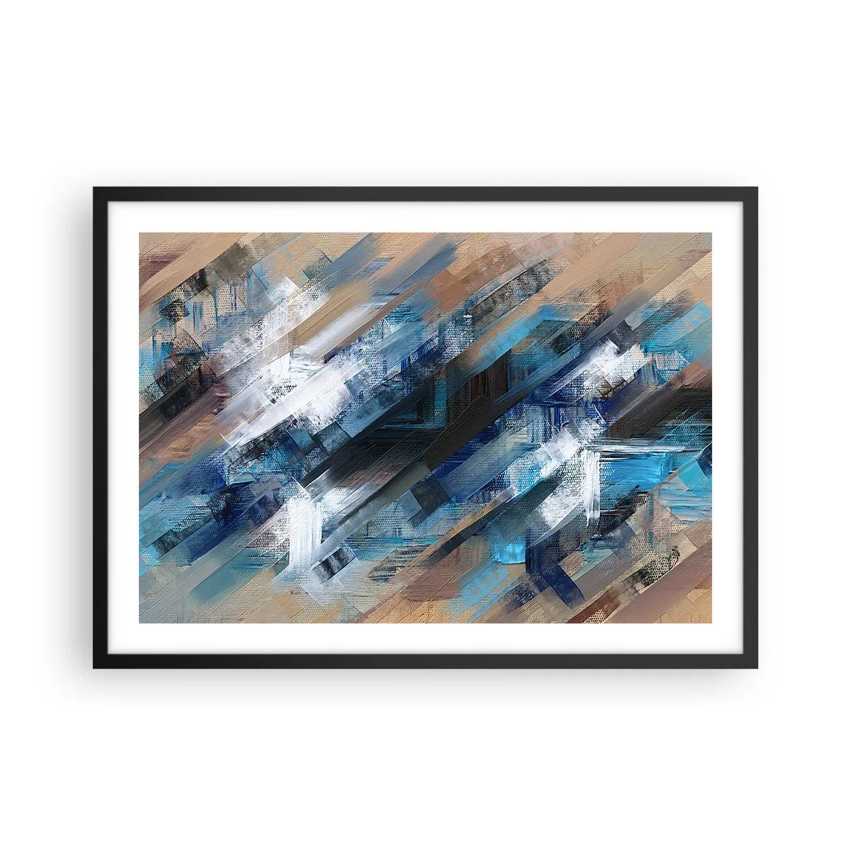 Plakat w czarnej ramie - Abstrakcyjna kompozycja z błękitnymi ukośnymi liniami - 70x50cm - Po błękitnym skosie - Nowoczesna dekoracja ścienna do salonu i sypialni ARTTOR
