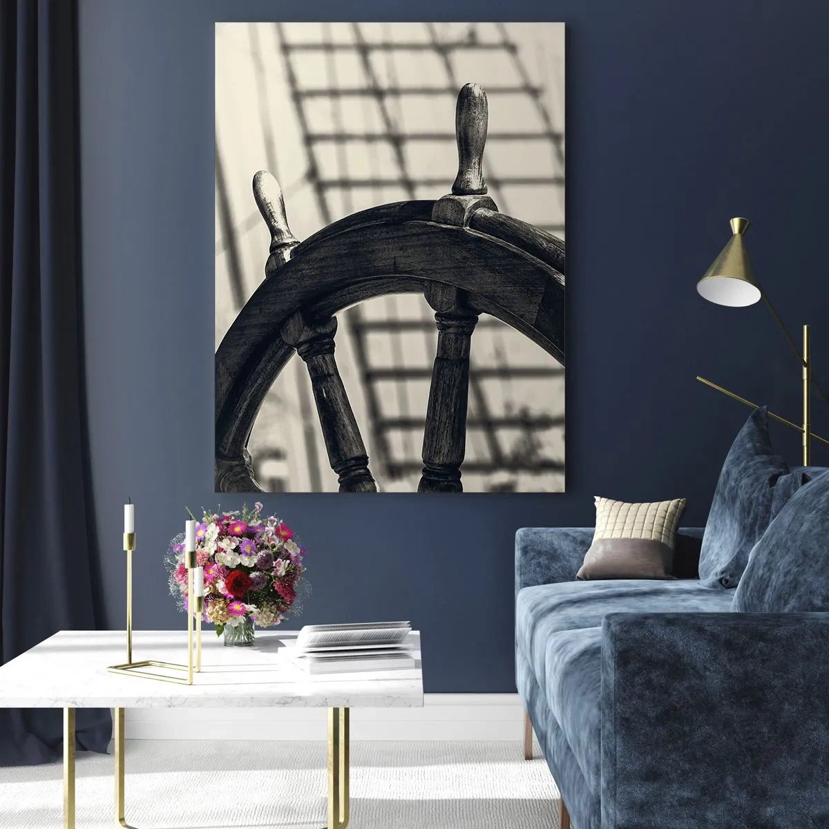 Obraz na szkle - Czarno-białe koło sterowe statku w marynistycznym stylu - 50x70cm - Morskie opowieści - Nowoczesna dekoracja ścienna do salonu, kuchni i sypialni ARTTOR