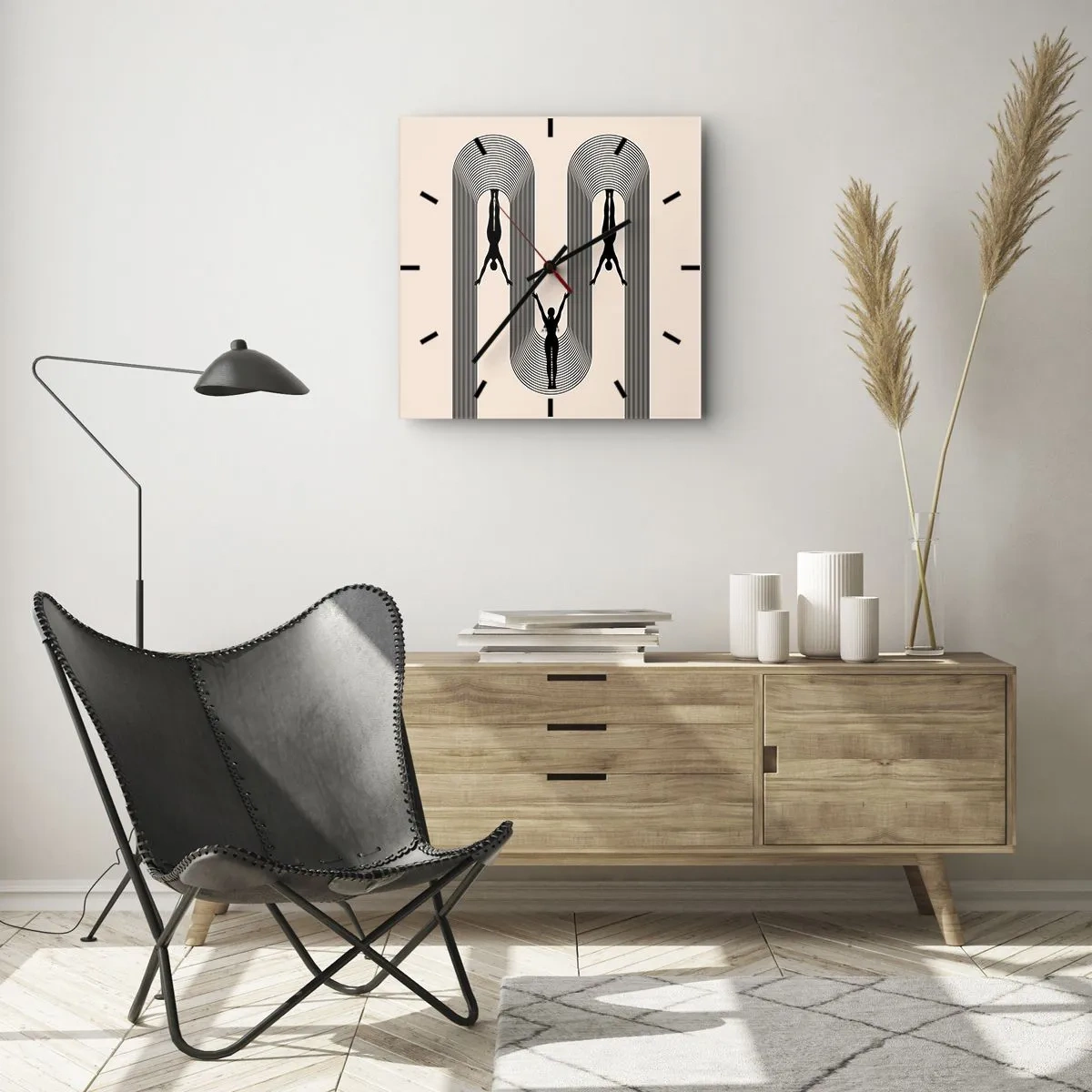 Zegar ścienny - Sylwetki w geometrycznym stylu na beżowym tle - 30x30cm - Do góry nogami - Nowoczesna dekoracja ścienna do salonu i sypialni ARTTOR