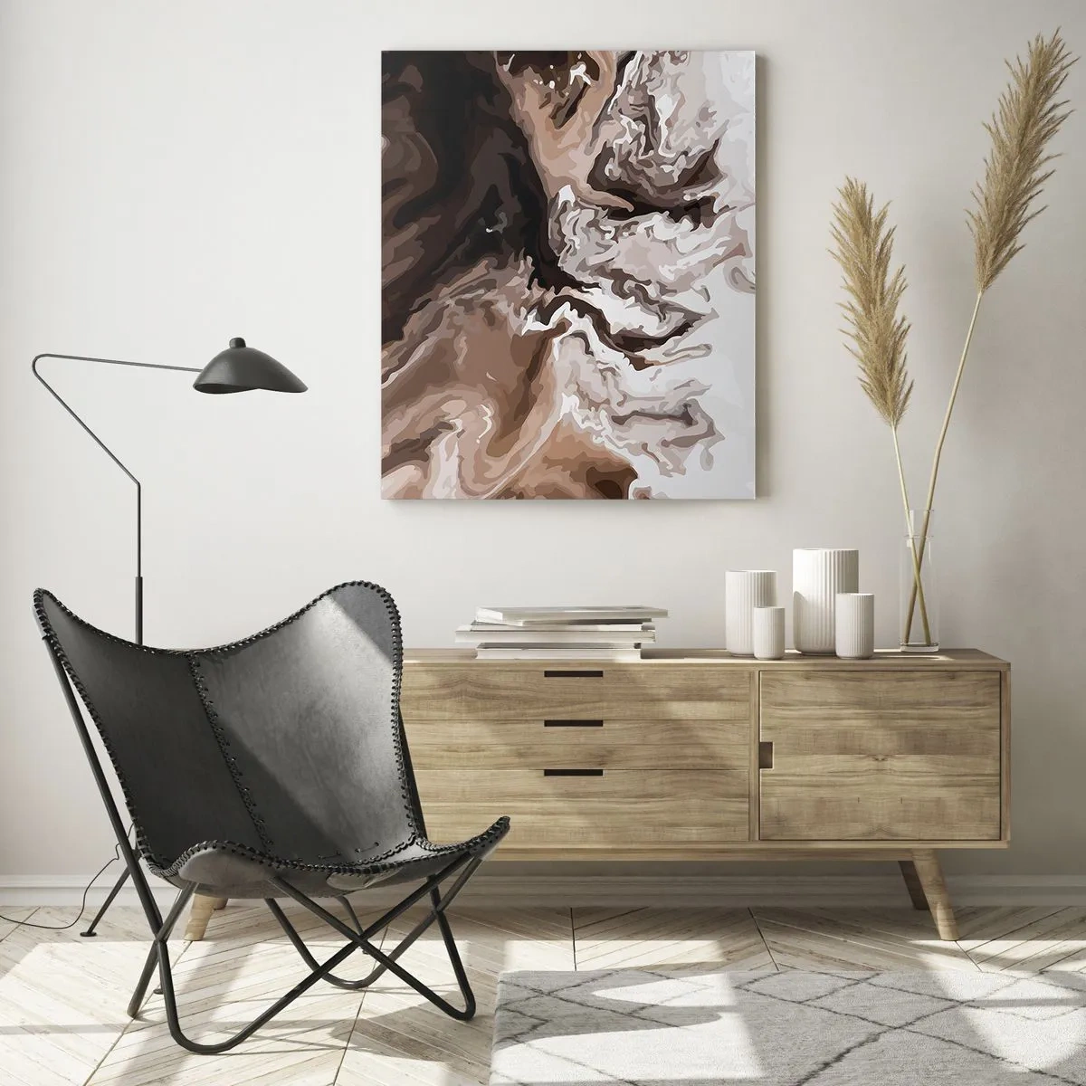 Obraz na szkle - Abstrakcyjny wzór w ciemnych odcieniach brązu i bieli - 50x70cm - Kontredans barw - Nowoczesna dekoracja ścienna do salonu, kuchni i sypialni ARTTOR