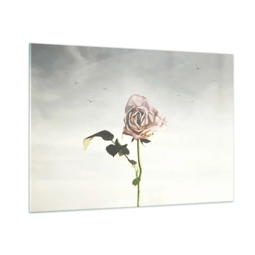 Obraz na szkle - Delikatna róża na tle nieba z lecącymi ptakami - 100x70cm - Powitanie wiosny - Nowoczesna dekoracja ścienna do salonu, kuchni i sypialni ARTTOR