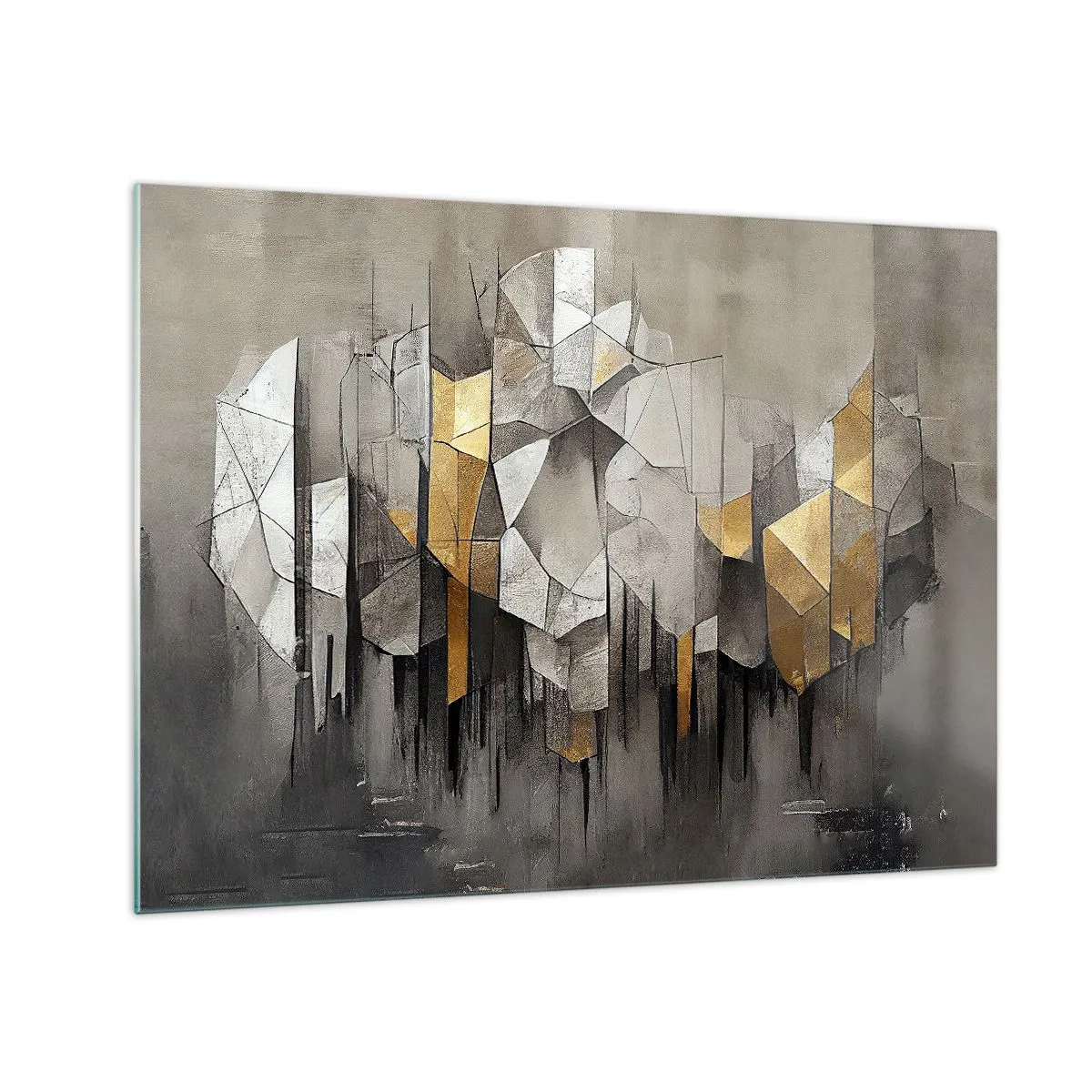 Obraz na szkle - Abstrakcyjne bryły w szarościach, bieli i złocie - 70x50cm - Kompozycja z lodu i światła - Nowoczesna dekoracja ścienna do salonu i sypialni ARTTOR