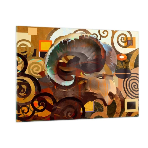 Obraz na szkle - Artystyczny wizerunek barana w geometrycznej i spiralnej kompozycji - 120x80cm - Magie - religie - rytuały - Nowoczesna dekoracja ścienna do salonu, kuchni i sypialni ARTTOR