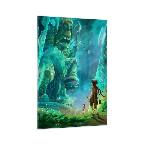 Obraz na szkle - Magiczny las z postacią odkrywcy - 70x100cm - Z wielkiej Księgi Baśni - Nowoczesna dekoracja ścienna do salonu i sypialni ARTTOR