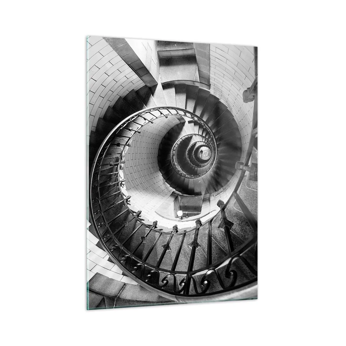 Obraz na szkle - Czarno-białe zdjęcie spiralnych schodów w perspektywie - 50x70cm - Wyżej i wyżej - Nowoczesna dekoracja ścienna do salonu, kuchni i sypialni ARTTOR