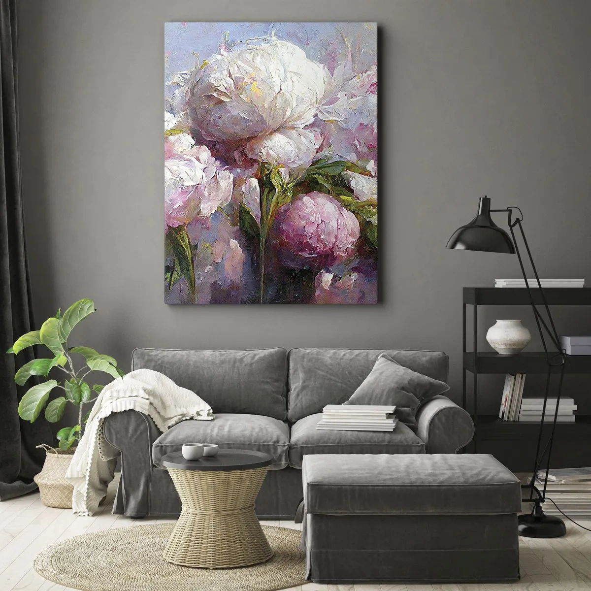 Obraz na płótnie - Malarska kompozycja przedstawiająca kwitnące piwonie w pastelowych barwach - 50x70cm - Kipiący życiem bukiet - Nowoczesna dekoracja ścienna do salonu, kuchni i sypialni ARTTOR
