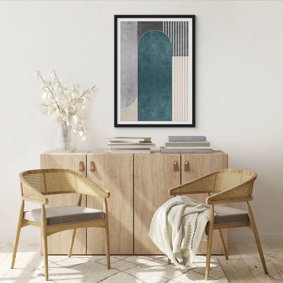Plakat w czarnej ramie - Geometryczna kompozycja w odcieniach zieleni i szarości - 50x70cm - Kompozycja na poziomie - Nowoczesna dekoracja ścienna do salonu i sypialni ARTTOR