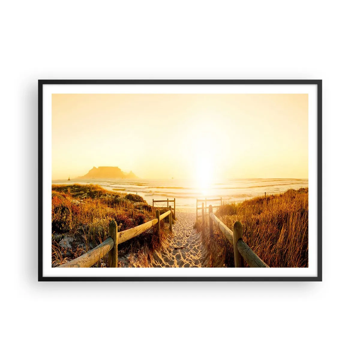 Plakat w czarnej ramie - Ścieżka na plażę podczas złotego zachodu słońca - 100x70cm - Przez wydmę, w stronę słońca - Nowoczesna dekoracja ścienna do salonu i sypialni ARTTOR