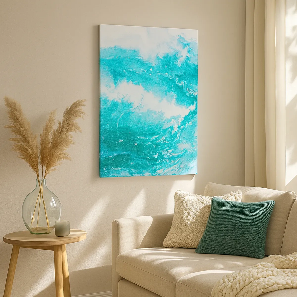 Obraz na płótnie - Abstrakcyjna kompozycja w odcieniach turkusu inspirowana falami oceanu - 50x70cm - W jądrze żywiołu - Nowoczesna dekoracja ścienna do salonu, kuchni i sypialni ARTTOR