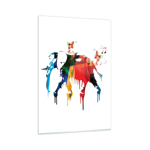 Obraz na szkle - Kolorowy słoń z motylami w nowoczesnym geometrycznym stylu - 80x120cm - Tańczyć każdy może - Nowoczesna dekoracja ścienna do salonu i sypialni ARTTOR