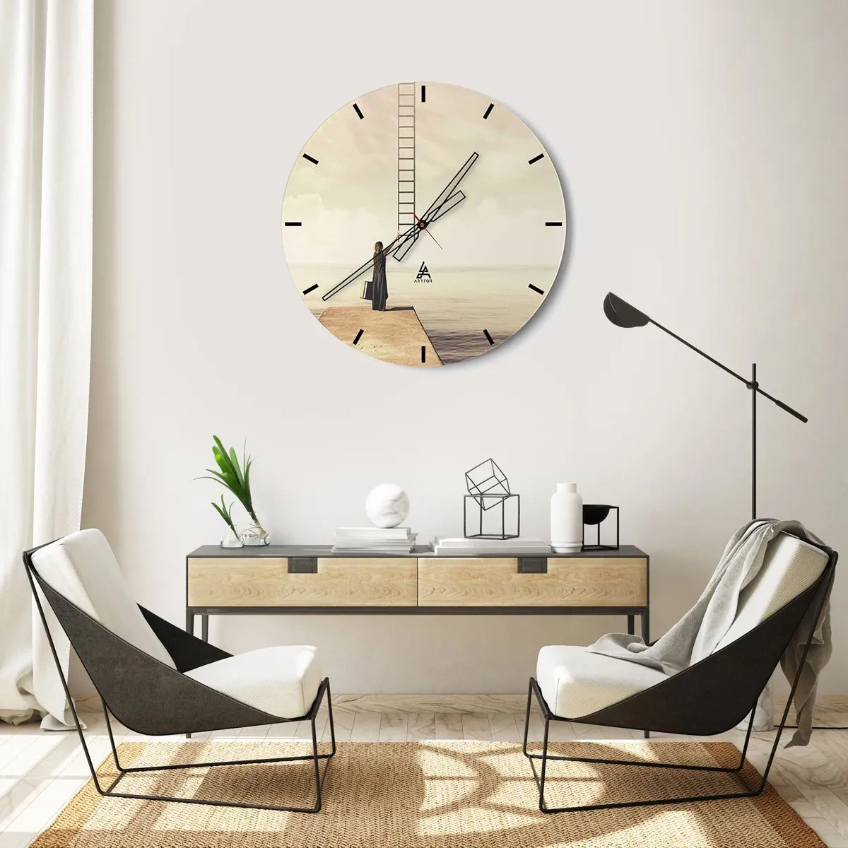 Zegar ścienny - Kobieta na molo wskazująca na drabinę prowadzącą do nieba - 30x30cm - Magiczna podróż - Nowoczesna dekoracja ścienna do salonu, kuchni i sypialni ARTTOR
