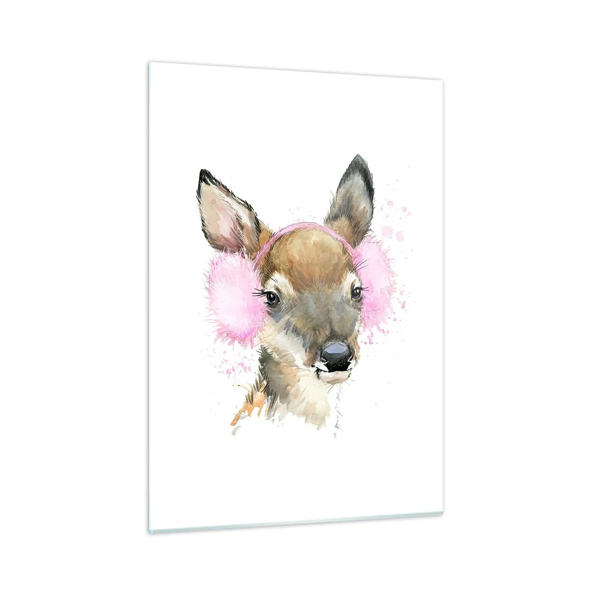 Obraz na szkle - Sarna w różowych nausznikach z futerkiem - 50x70cm - I mróz już niestraszny - Nowoczesna dekoracja ścienna do salonu, kuchni i sypialni ARTTOR