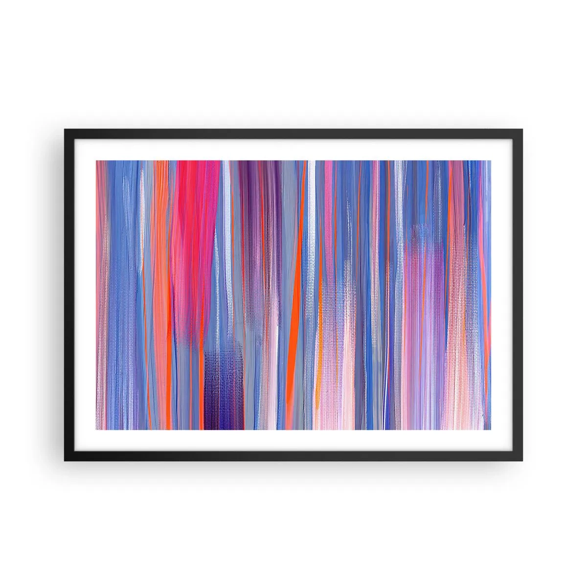 Plakat w czarnej ramie - Abstrakcyjne pionowe linie w odcieniach niebieskiego i różu - 70x50cm - Wtęczowstąpienie - Nowoczesna dekoracja ścienna do salonu i sypialni ARTTOR