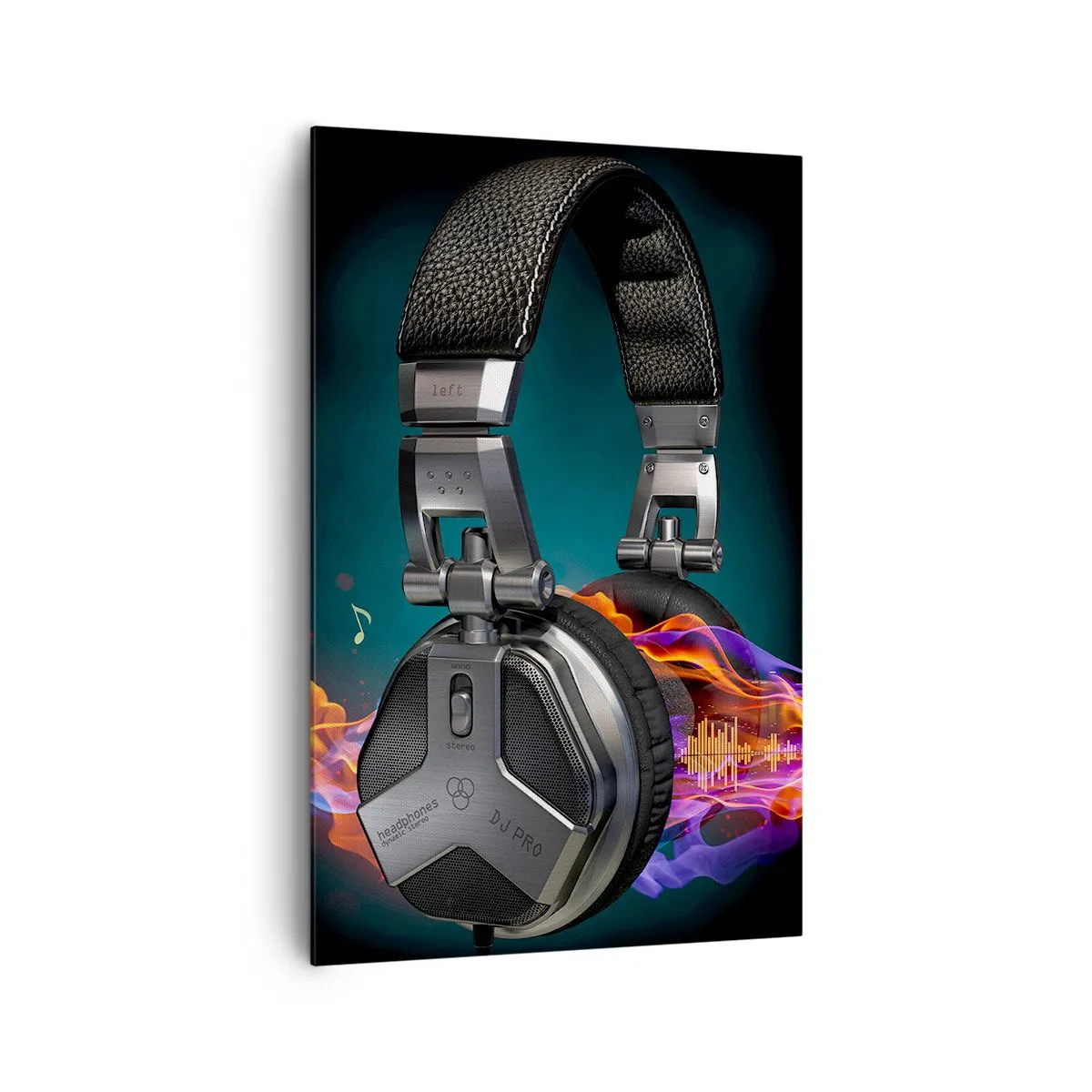 Obraz na płótnie - Czarne słuchawki z efektem kolorowej muzycznej wizualizacji - 80x120cm - W ogniu muzyki - Nowoczesna dekoracja ścienna do salonu i sypialni ARTTOR