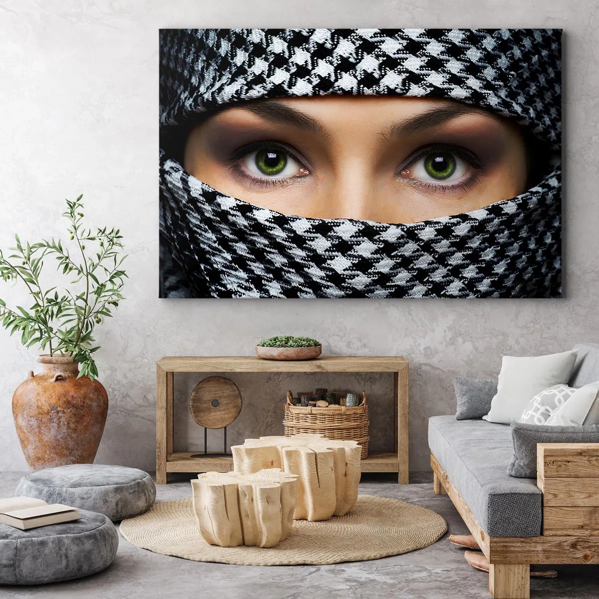Obraz na płótnie - Zielone oczy kobiety ukryte za wzorzystym materiałem w czerni i bieli - 120x80cm - Portret zakwefionej zielonookiej piękności - Nowoczesna dekoracja ścienna do salonu, kuchni i sypialni ARTTOR