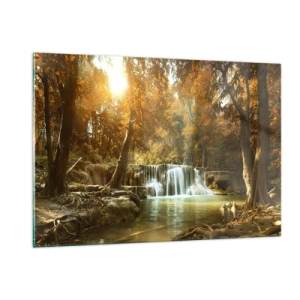 Obraz na szkle - Wodospad w parku otoczonym drzewami w jesiennych barwach - 120x80cm - Parkowa kaskada - Nowoczesna dekoracja ścienna do salonu, kuchni i sypialni ARTTOR