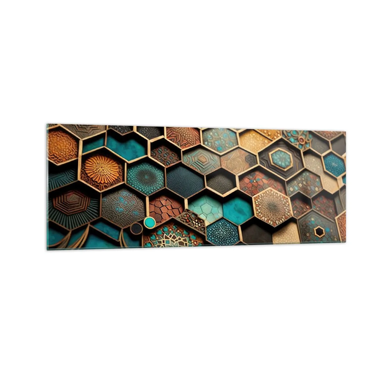 Obraz na szkle - Kolorowe ornamenty w sześciokątnych wzorach - 140x50cm - Arabskie ornamenty – wariacja - Nowoczesna dekoracja ścienna do salonu i sypialni ARTTOR
