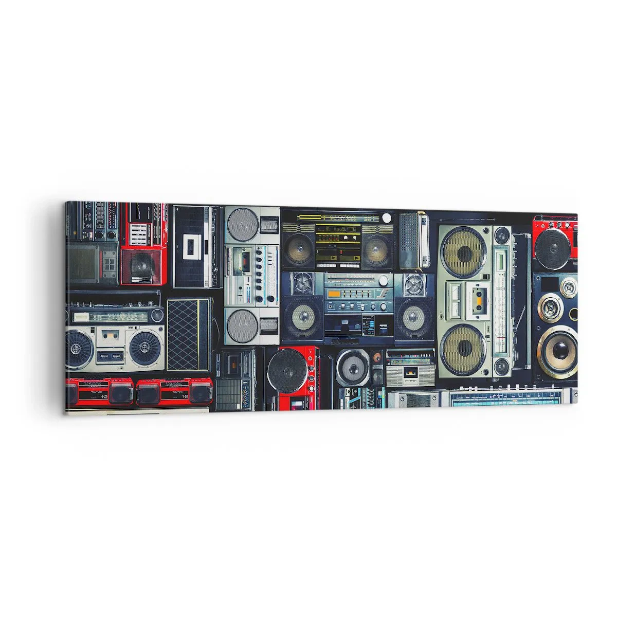 Obraz na płótnie - Kolaż retro magnetofonów i głośników w stylu vintage - 140x50cm - Tęsknota za latami 80. - Nowoczesna dekoracja ścienna do salonu i sypialni ARTTOR