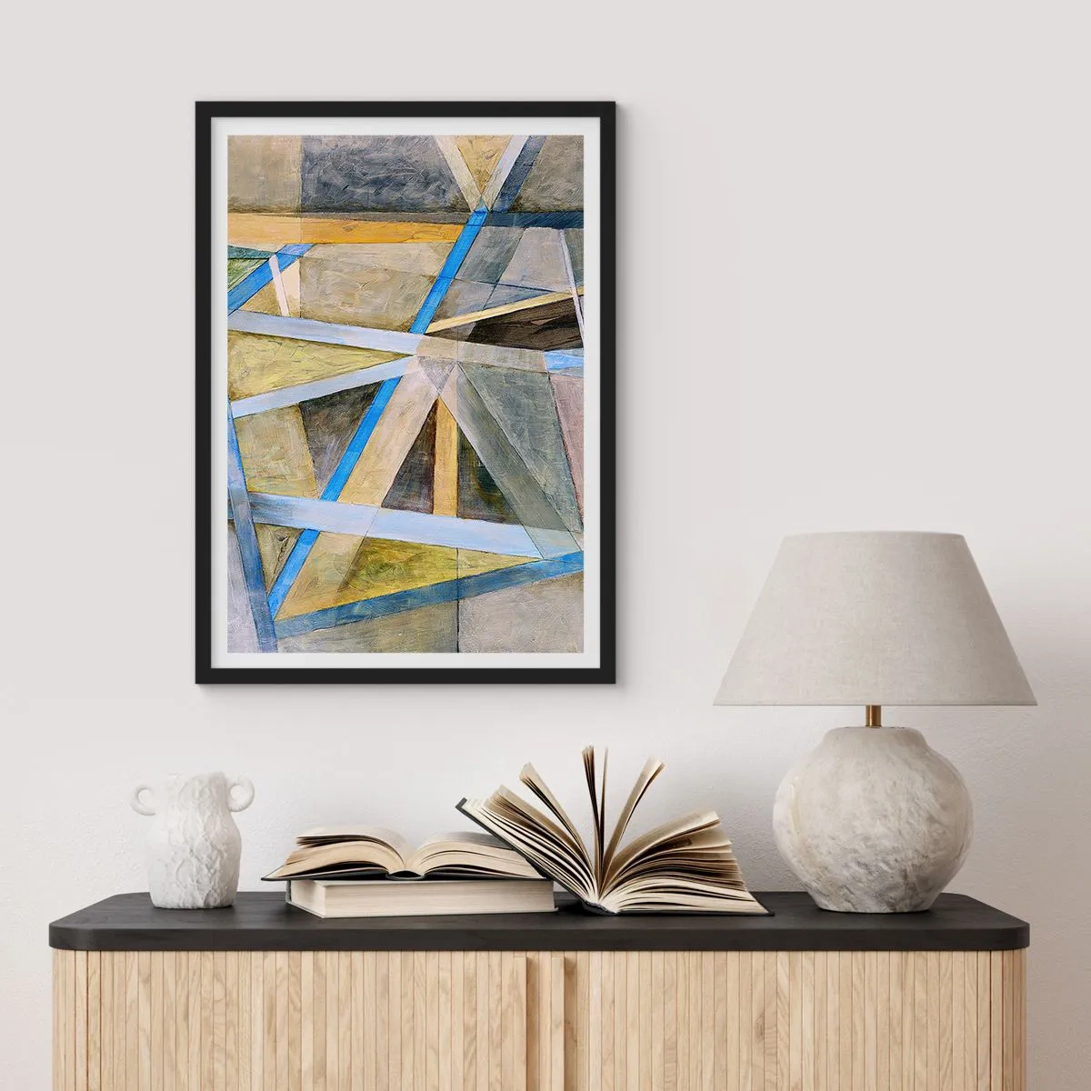 Plakat w czarnej ramie - Geometryczna abstrakcja z odcieniami niebieskiego i złotego - 50x70cm - Na wprost czy na skos? - Nowoczesna dekoracja ścienna do salonu i sypialni ARTTOR