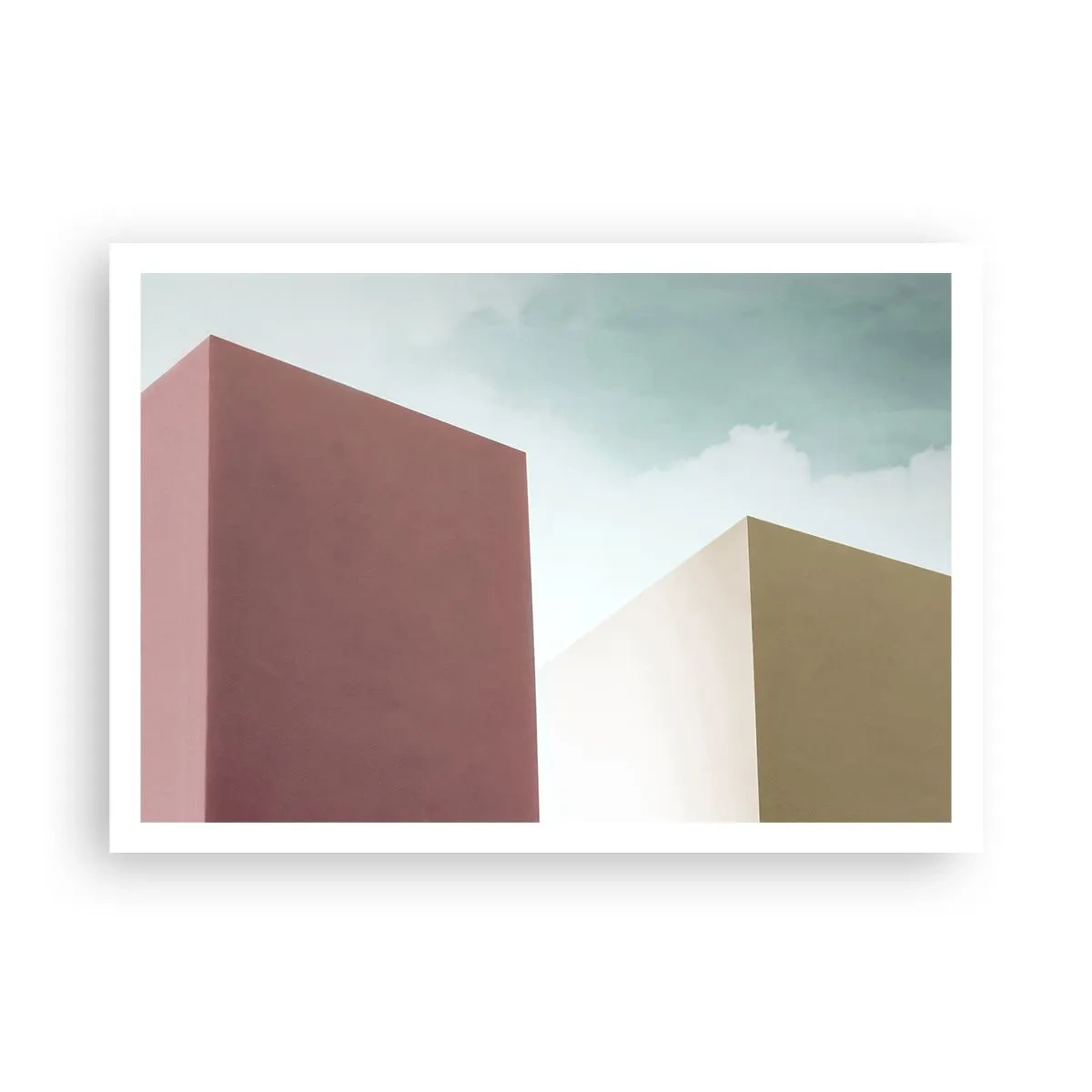 Plakat - Minimalistyczna architektura z pastelowymi blokami i niebem - 100x70cm - Geometria słonecznego lata - Nowoczesna dekoracja ścienna do salonu i sypialni ARTTOR
