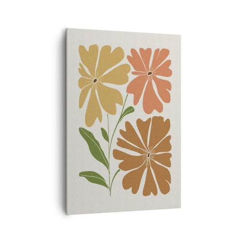 Obraz na płótnie - Trzy kwiaty w ciepłych barwach na jasnym tle - 70x100cm - Natura i geometria - Nowoczesna dekoracja ścienna do salonu i sypialni ARTTOR