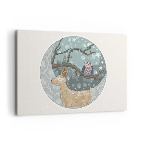 Obraz na płótnie - Jeleń i sowa w bajkowym krajobrazie nocnym - 120x80cm - Bajkowa, leśna noc - Nowoczesna dekoracja ścienna do salonu, kuchni i sypialni ARTTOR