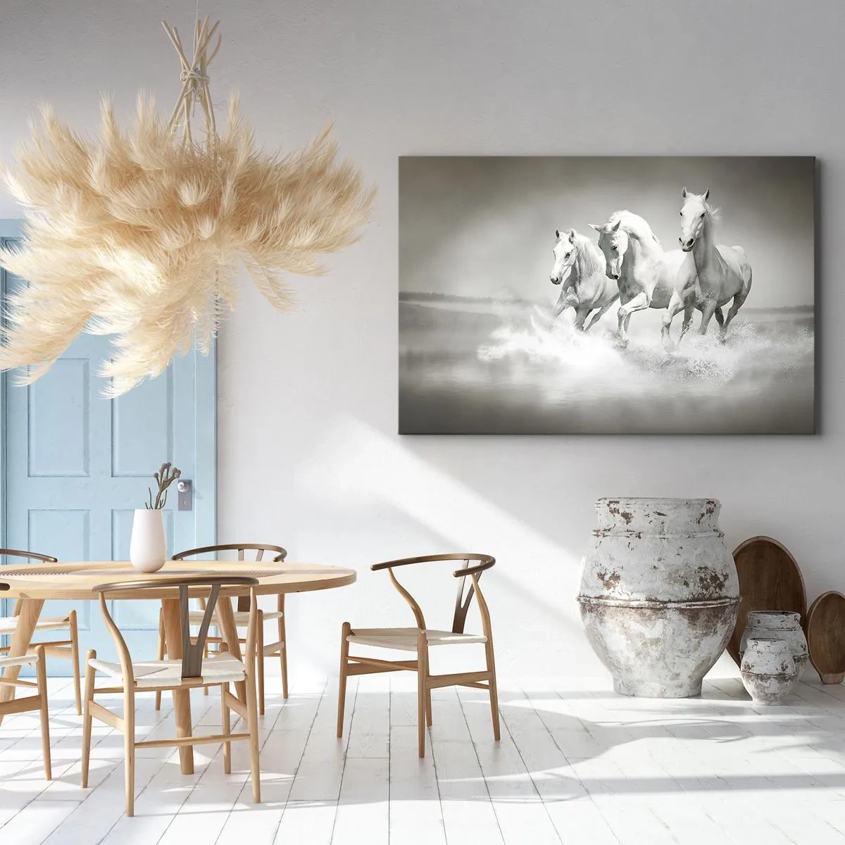 Obraz na płótnie - Trzy białe konie galopujące przez wodę - 120x80cm - Białe szaleństwo - Nowoczesna dekoracja ścienna do salonu, kuchni i sypialni ARTTOR