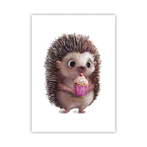 Plakat - Uroczy jeżyk trzymający kolorową babeczkę - 50x70cm - Święto jest co dzień - Nowoczesna dekoracja ścienna do salonu, kuchni i sypialni ARTTOR